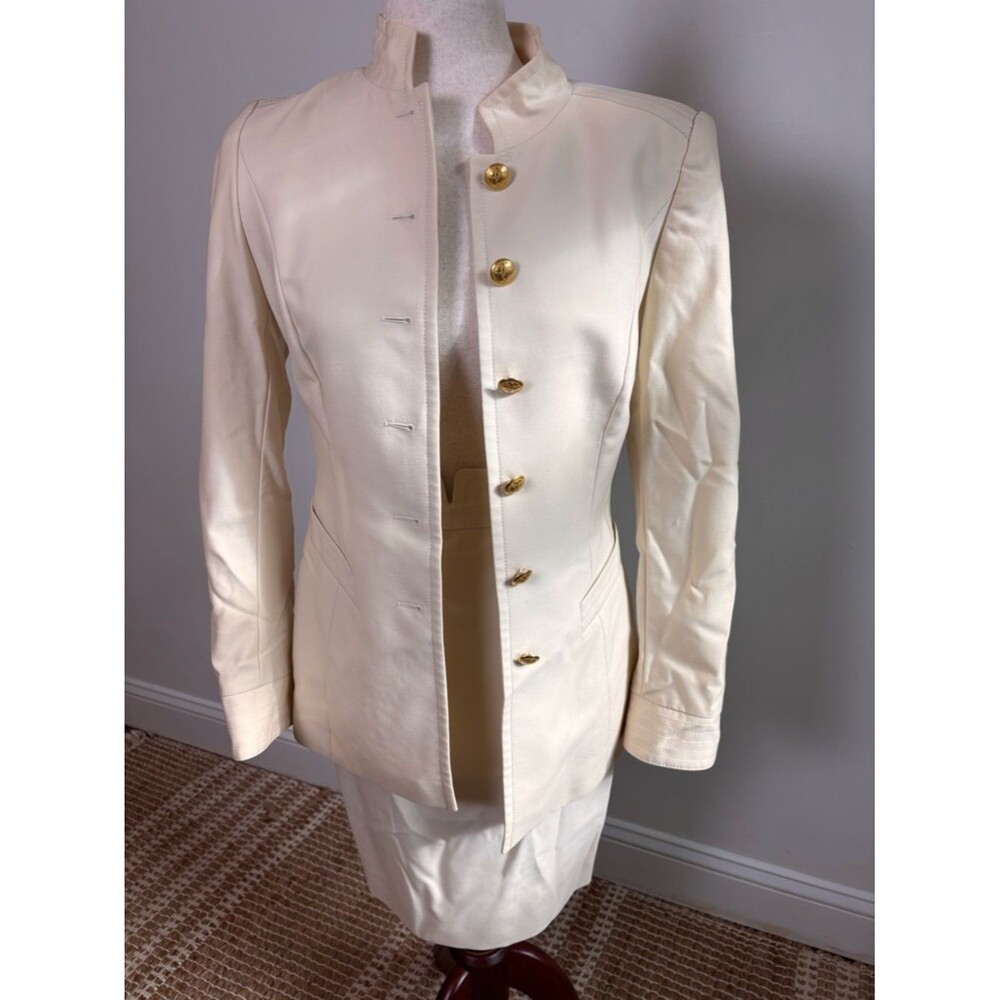 Escada Margaretha Ley Wool Skirt Set Standing Collar Gold Buttons Cream Color